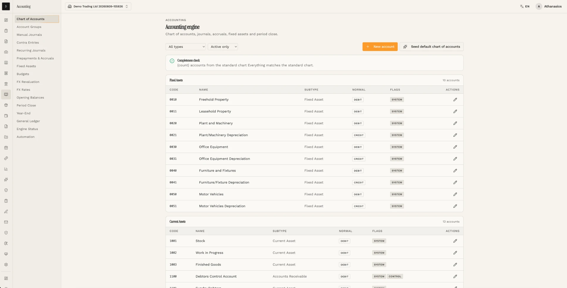 Accounting engine showing the chart of accounts with system flags and controls