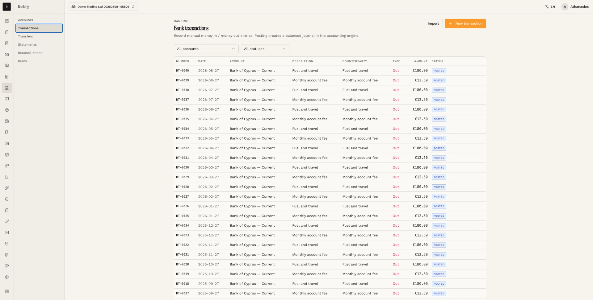 Bank transactions list with posted status and linked journals