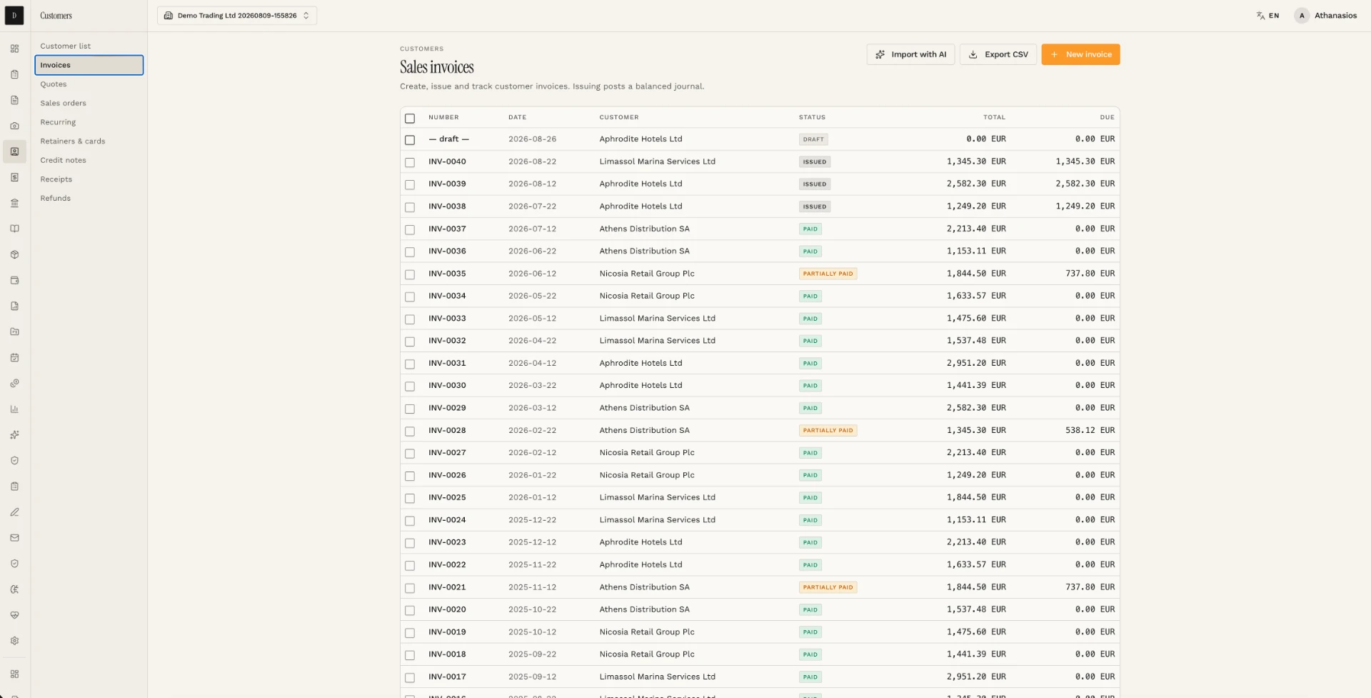 Sales invoice register with statuses, totals and amounts due