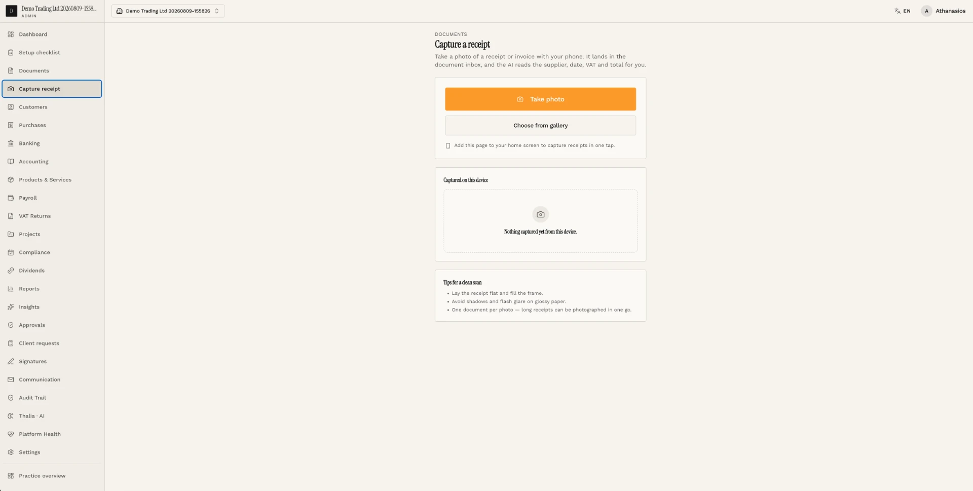 Receipt capture screen where AI reads supplier, date, VAT and total